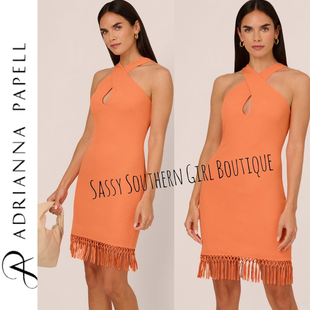 🆕⭐ Adrianna Papell Tangerine Halter Fringe Dress
